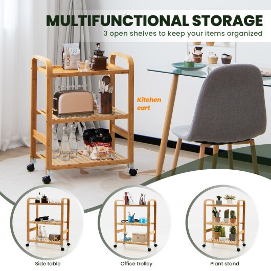 Bamboo Utility Cart with Storage Shelf and Lockable Casters-4-Tier
