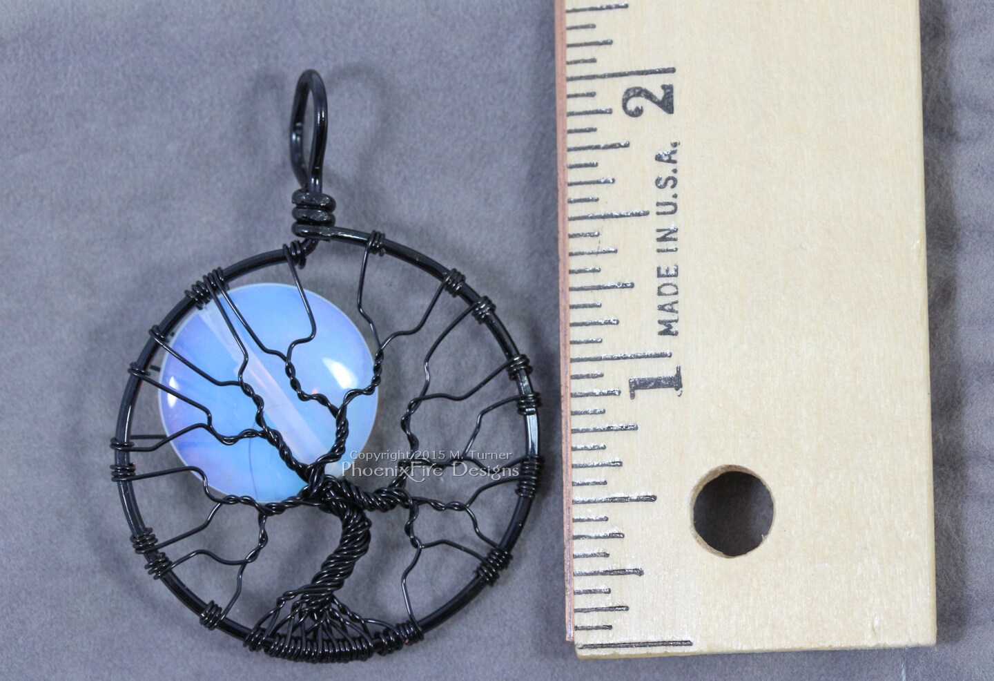 Opalite Full Moon Tree of Life Pendant, Spooky Tree, Black Wire