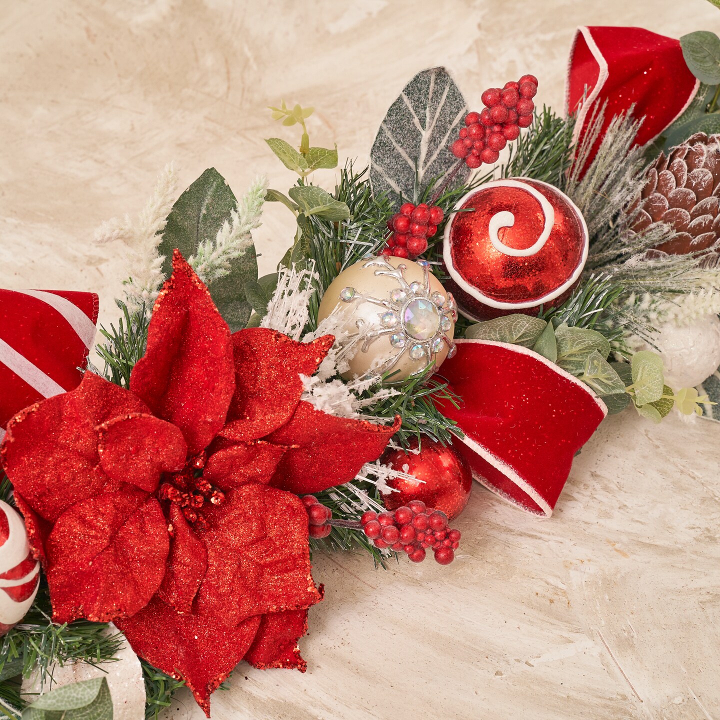 Red, Gold, Blue, Green Poinsettia, Magnolia Garland (Unlit)