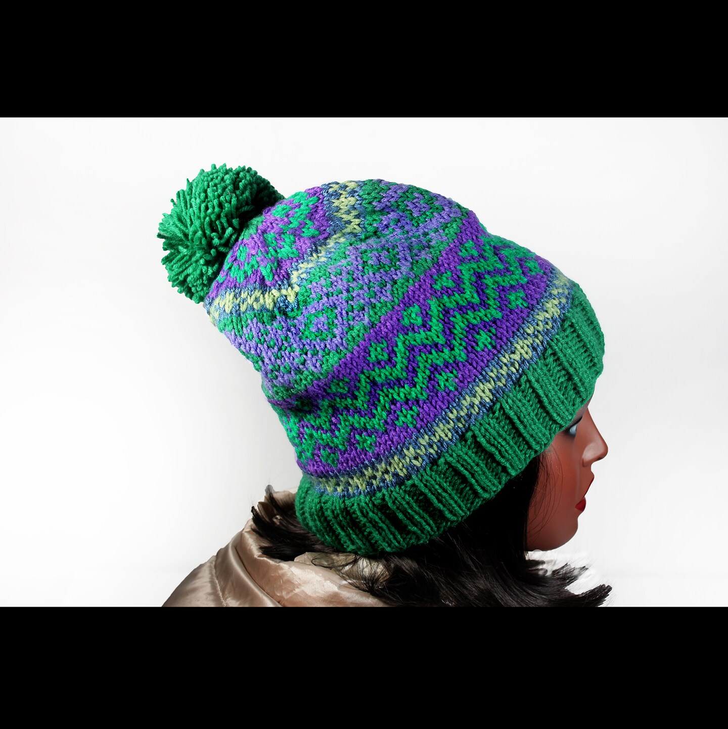 Winter Hat, Hand Knit, Fair Isle, Floral, Greens and Purple, Pom Pom,  Pull-Over, Ski Hat