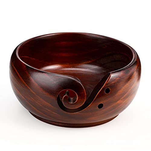 Wooden Yarn Bowl Holder Rosewood,Knitting Wool Storage Basket Round with Holes Handmade Craft Crochet Kit Organizer Perfect for Mother&#x27;s Day(Wine Red)