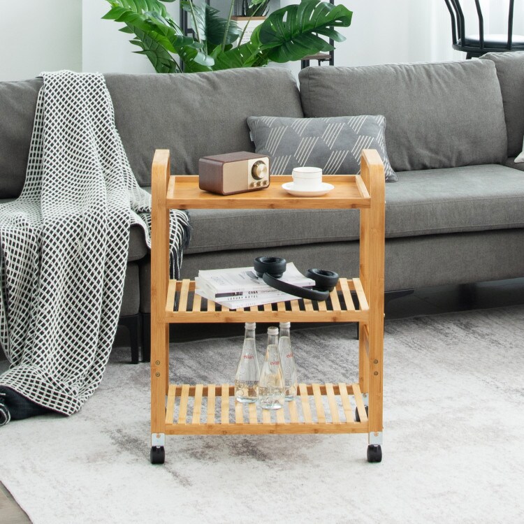 Bamboo Utility Cart with Storage Shelf and Lockable Casters-4-Tier
