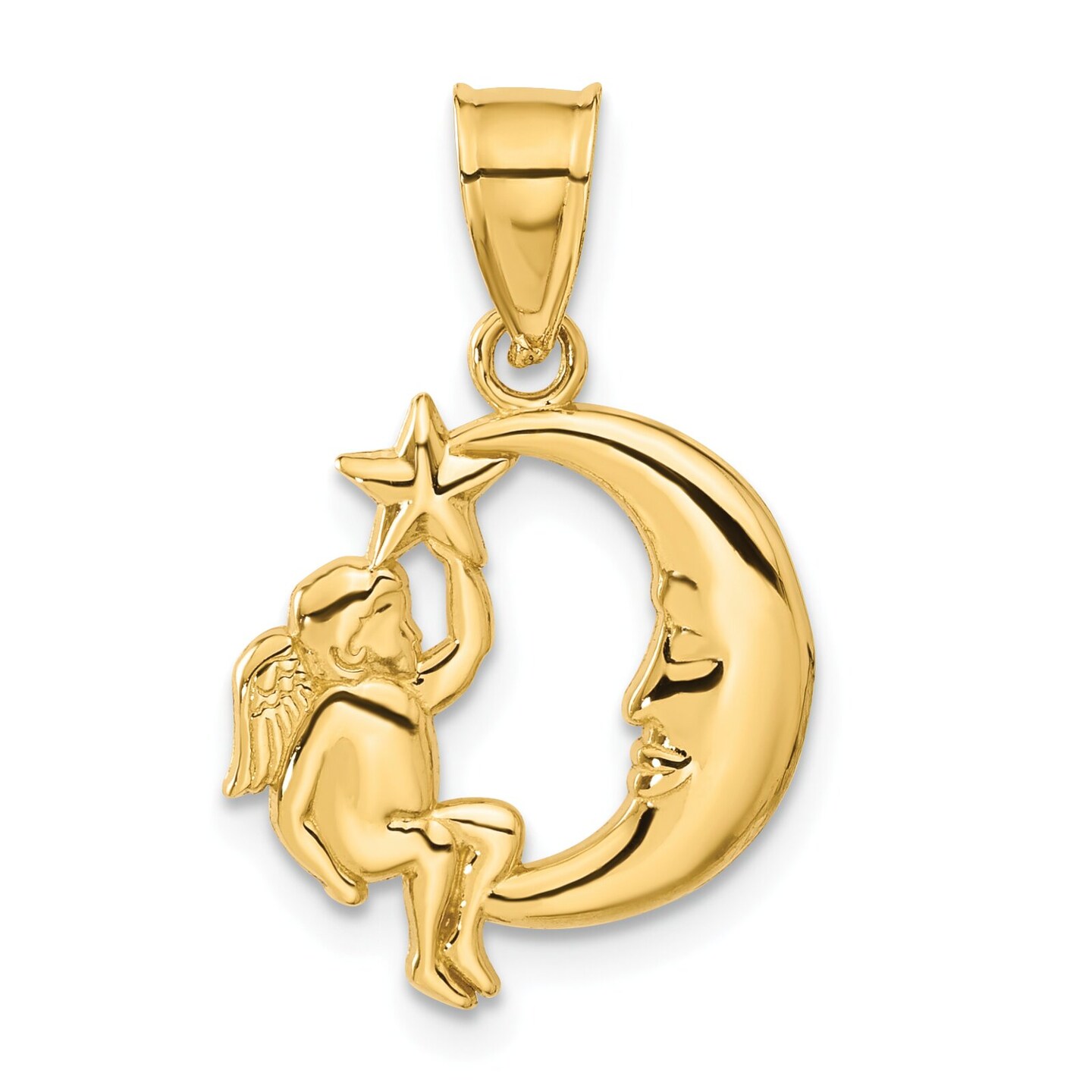 14K Yellow Gold Angel Star & Moon Charm Pendant Jewerly 22mm x 15mm