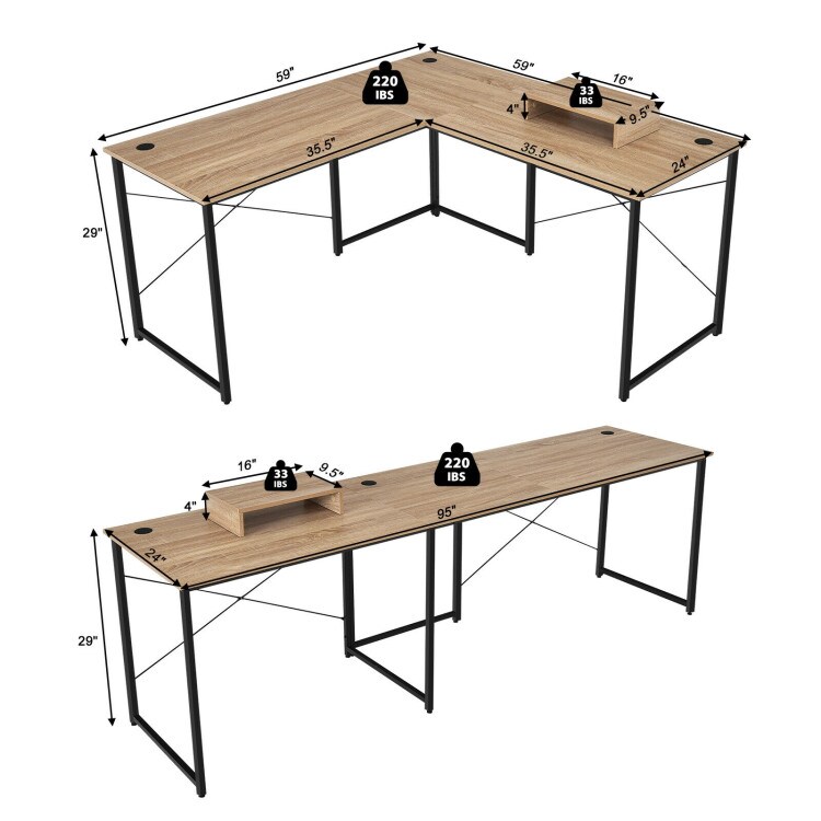 2-Person L-Shaped Long Reversible Computer Desk with Monitor Stand and Steel Frame