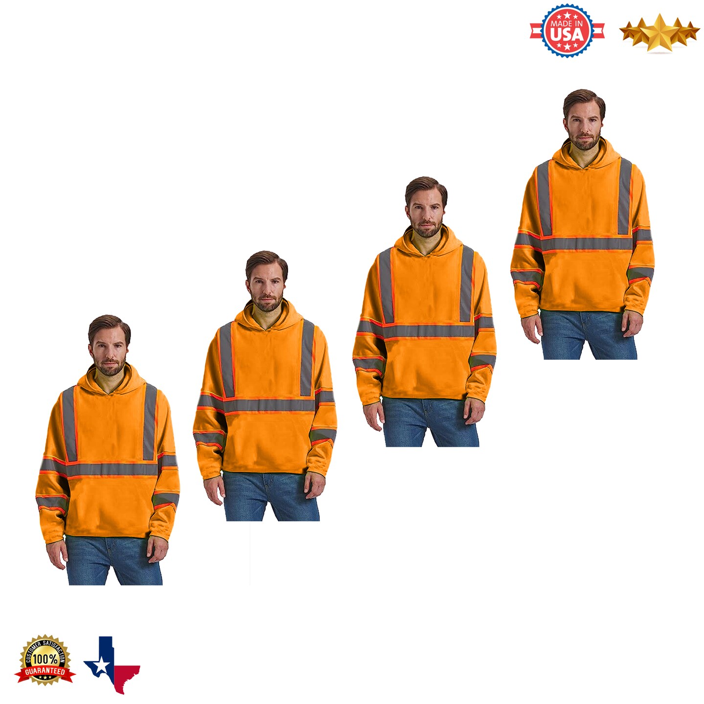 RADYAN&#xAE; High Visibility Long Sleeve Safety Hoodie with Reflective Strips and Hood for Construction Work