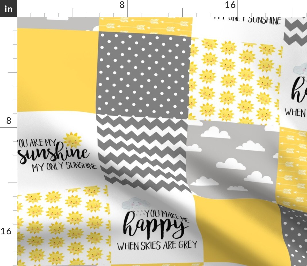 Sunshine Wholecloth Cheater Quilt Topper Gray White Yellow Clouds Sun Chevron Stripe Polka Dot Custom Printed Fabric by Spoonflower Various Fabrics by the Yard or Fat Quarter