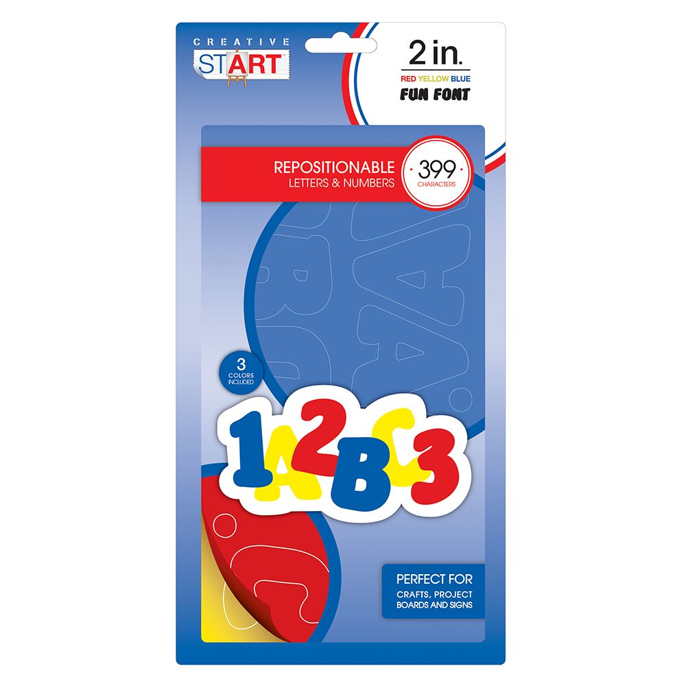 Creative Start Vinyl Repositionable Self-Adhesive Letters and Numbers, 2&#x22;, Fun Font, Red, Yellow and Blue, 399 count