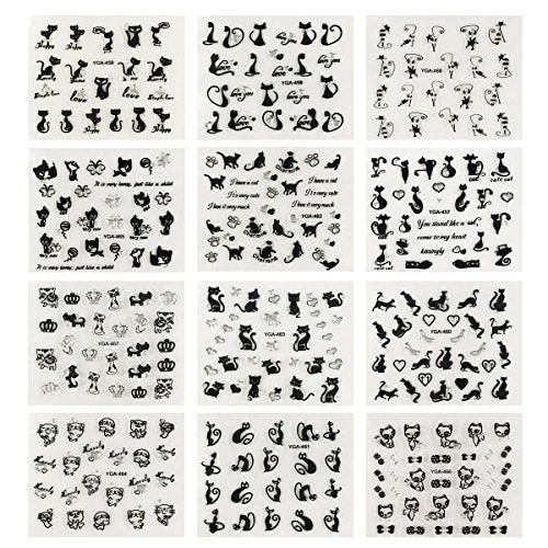 Wrapables 12 Sheets Black Cats Nail Stickers Set