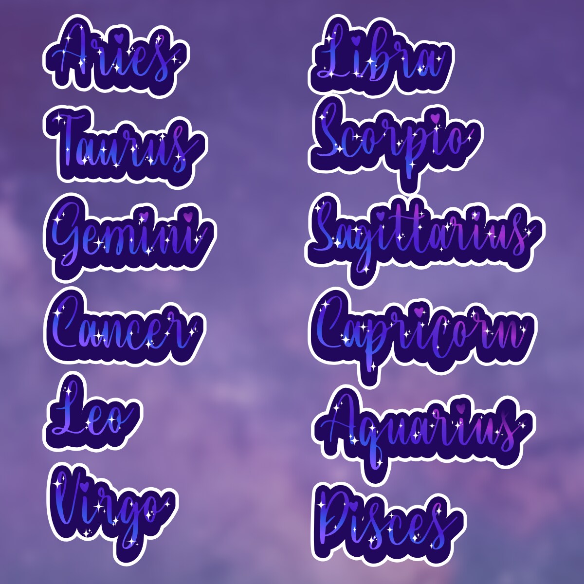 Zodiac Signs in Purple Hues Vinyl Decal or Sticker - Water-Resistant ...