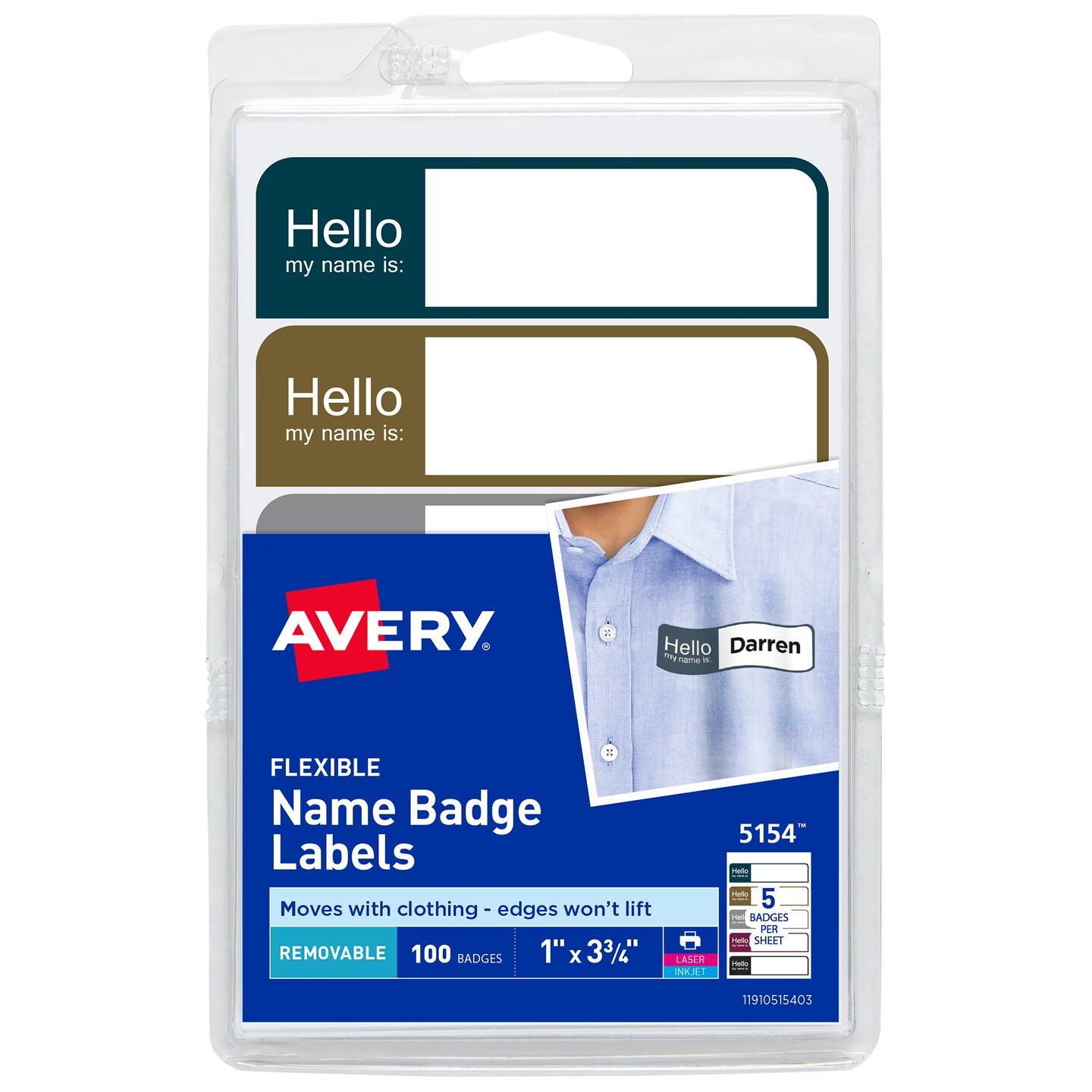 Avery Flexible Printable Name Tags, 1&#x22; x 3.75&#x22;, Assorted Colors, 100 Removable Name Badges (05154)