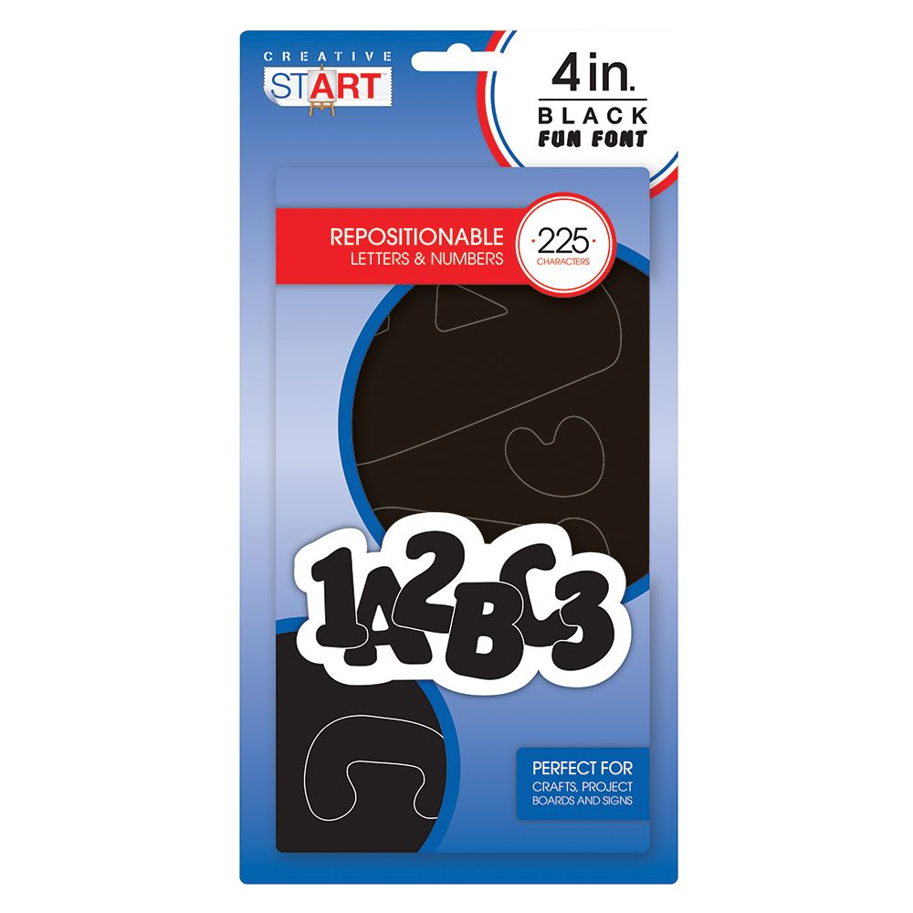 Creative Start Vinyl Repositionable Self-Adhesive Letters and Numbers, 4&#x22;, Fun Font, Black, 225 count