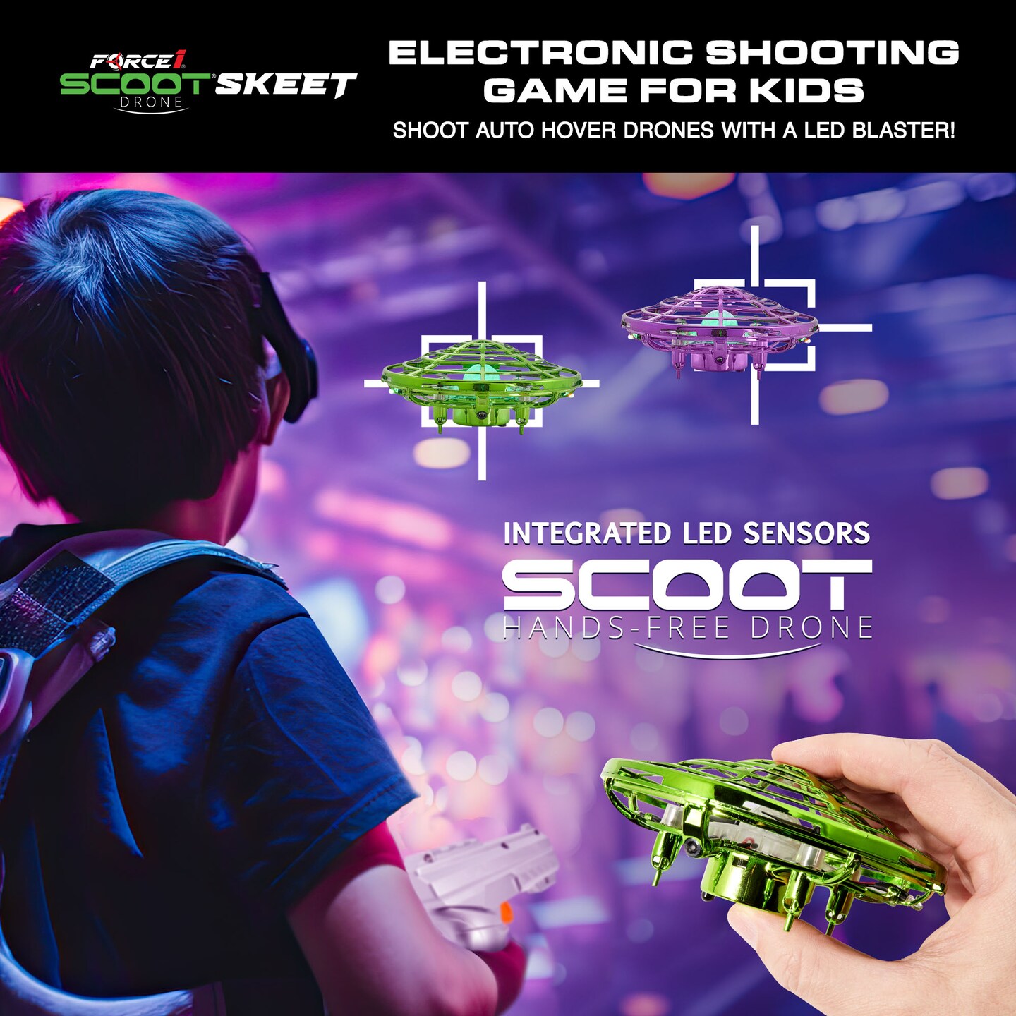 Force1 Scoot Skeet Drone Electronic Shooting Game For Kids and Adults- Purple/Green