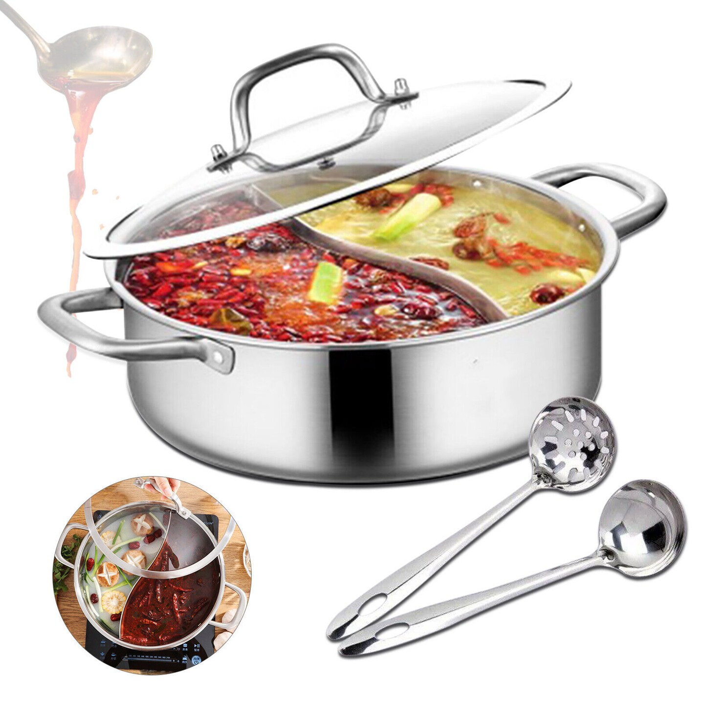 Kitcheniva Stainless Steel Shabu Dual Sided divider Cooking Hot Pot With Lid