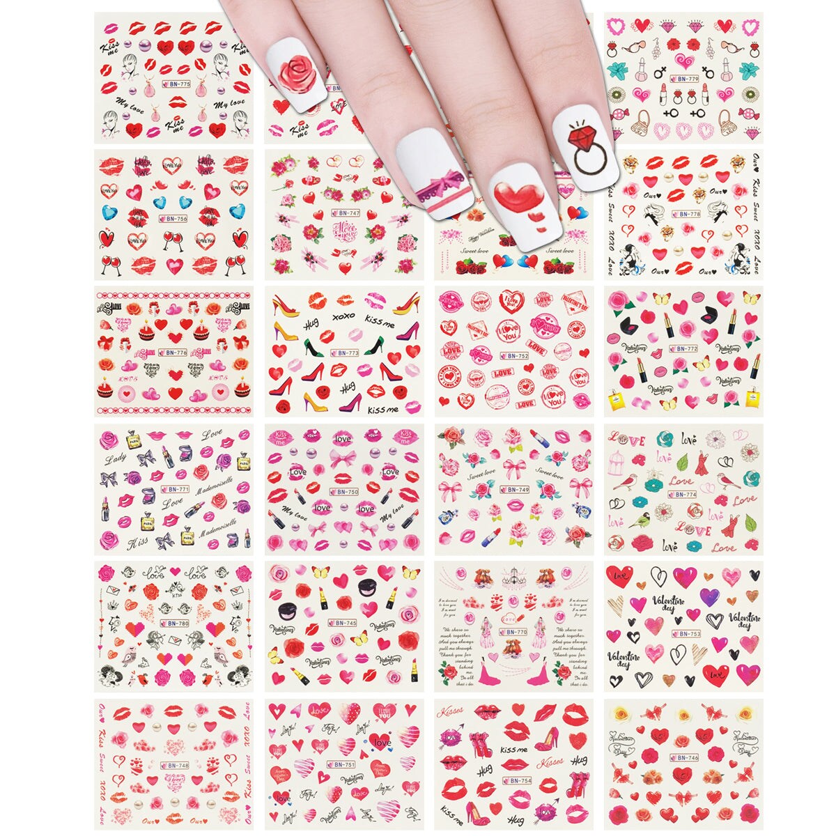 Wrapables Valentine's Day Water Transfer Nail Decals, 24 Sheets (Hearts & Blossoms)