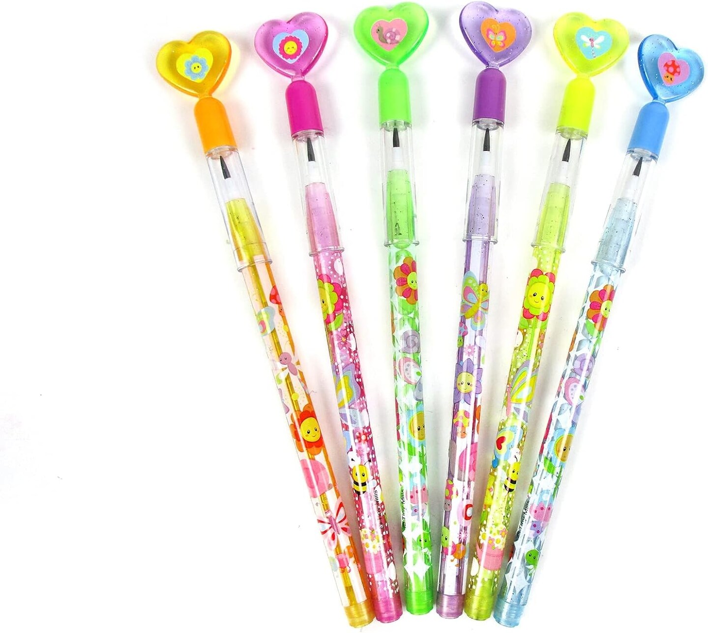TINYMILLS 24 Pcs Spring Flowers Butterfly Multi Point Stackable Push Pencil Assortment with Eraser