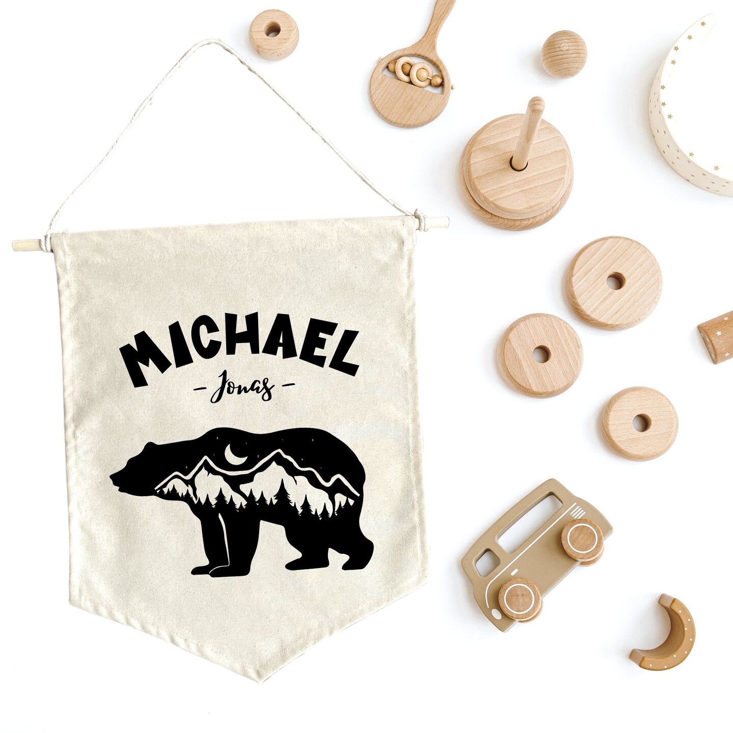 Personalized Bear Nursery Canvas Banner, Custom Woodland Nursery Decor, Forest Theme Wall Decor, Baby Shower Gift for Boy, 292991964743630848