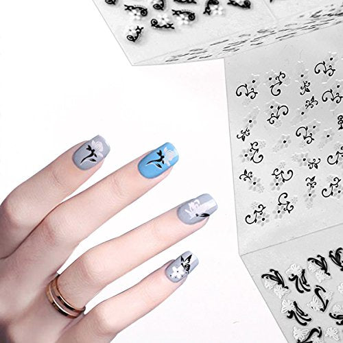 Wrapables 24 Sheets Black &#x26; White Flowers with Rhinestones Nail Stickers Set Nail Art