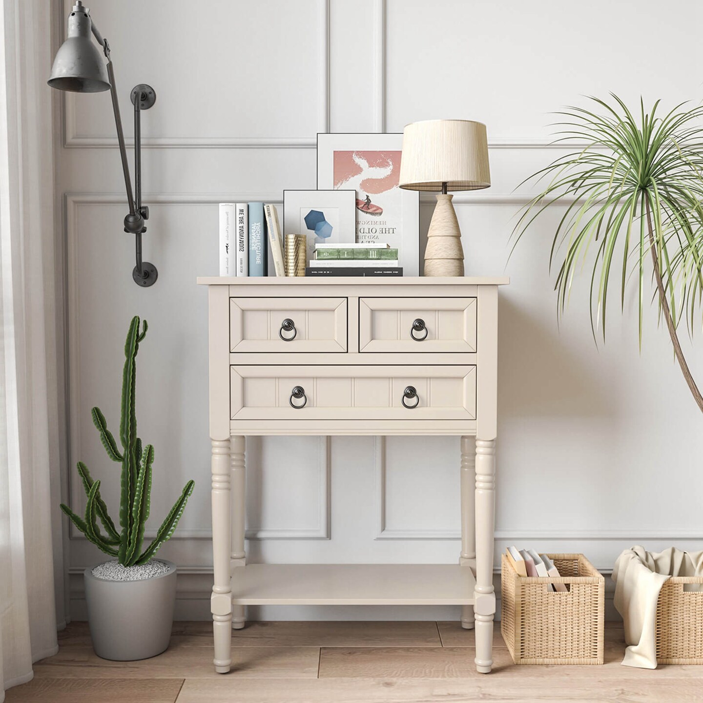 Costway Console Entryway Table with 3 Drawers Open Shelf for Hallway Living Room Beige