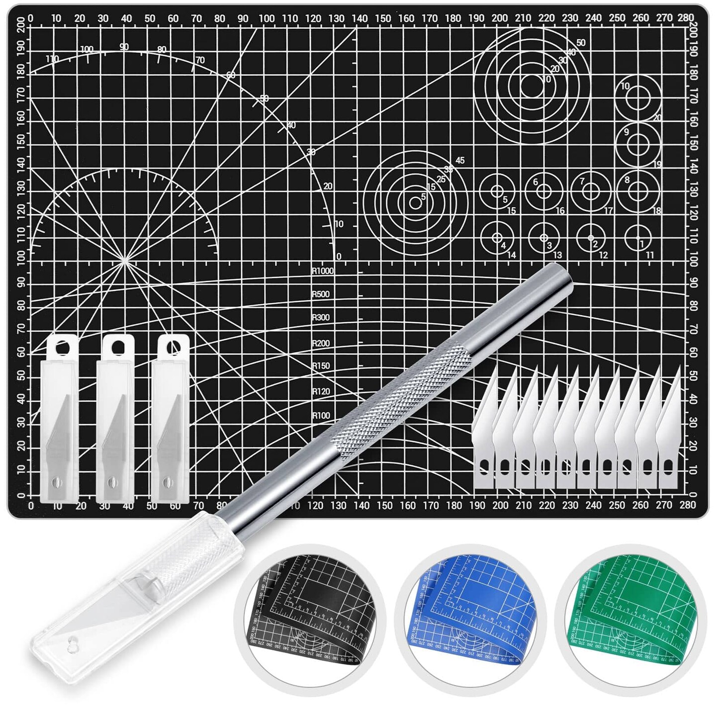 Exacto Knife with Hobby Mat for Crafts, Self Healing Cutting Mat Hobby Knife with 30 PCS Exacto Blades Precision Knife for Art and Crafts Paper Scrapbooking Stencil (Black)