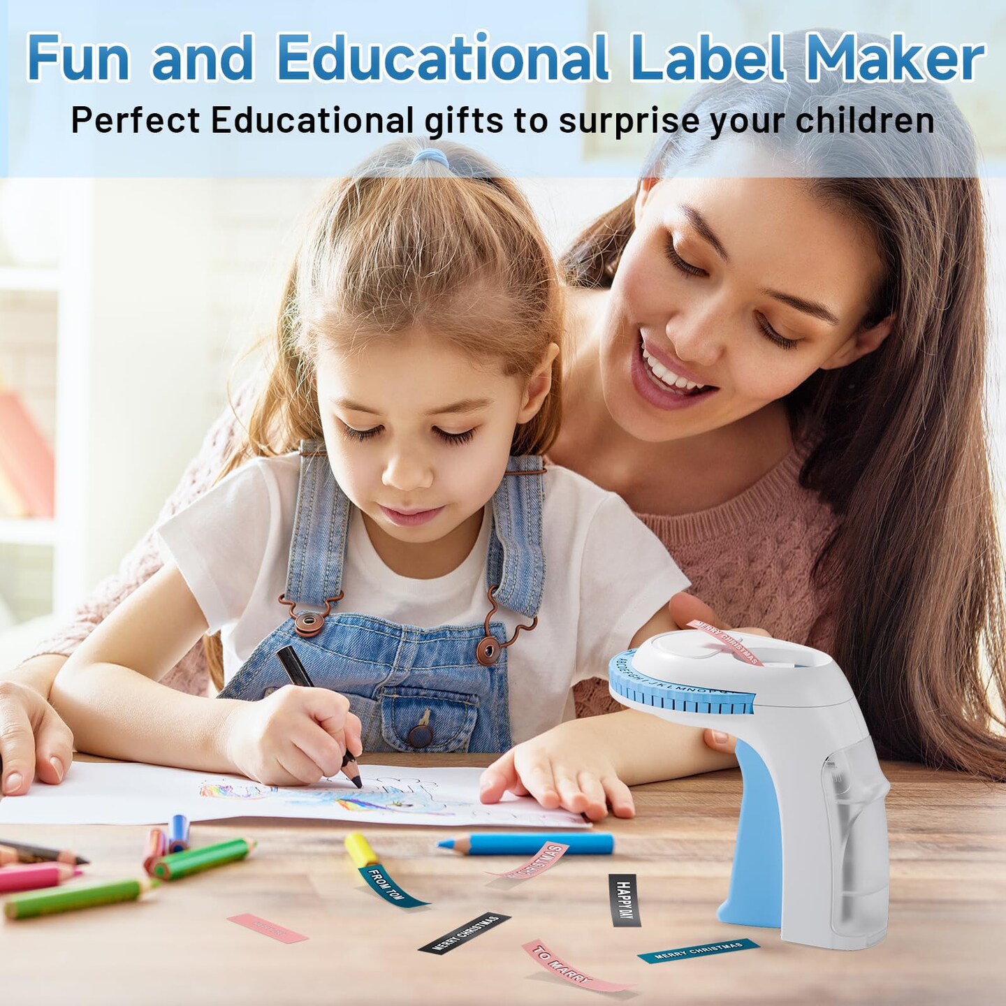 Embossing Label Maker Machine with Tapes, Portable Retro Embossed Label Maker, Vintage Mini Embosser Labeler, Handheld Label Printer for Home, Office and Outdoor, Blue