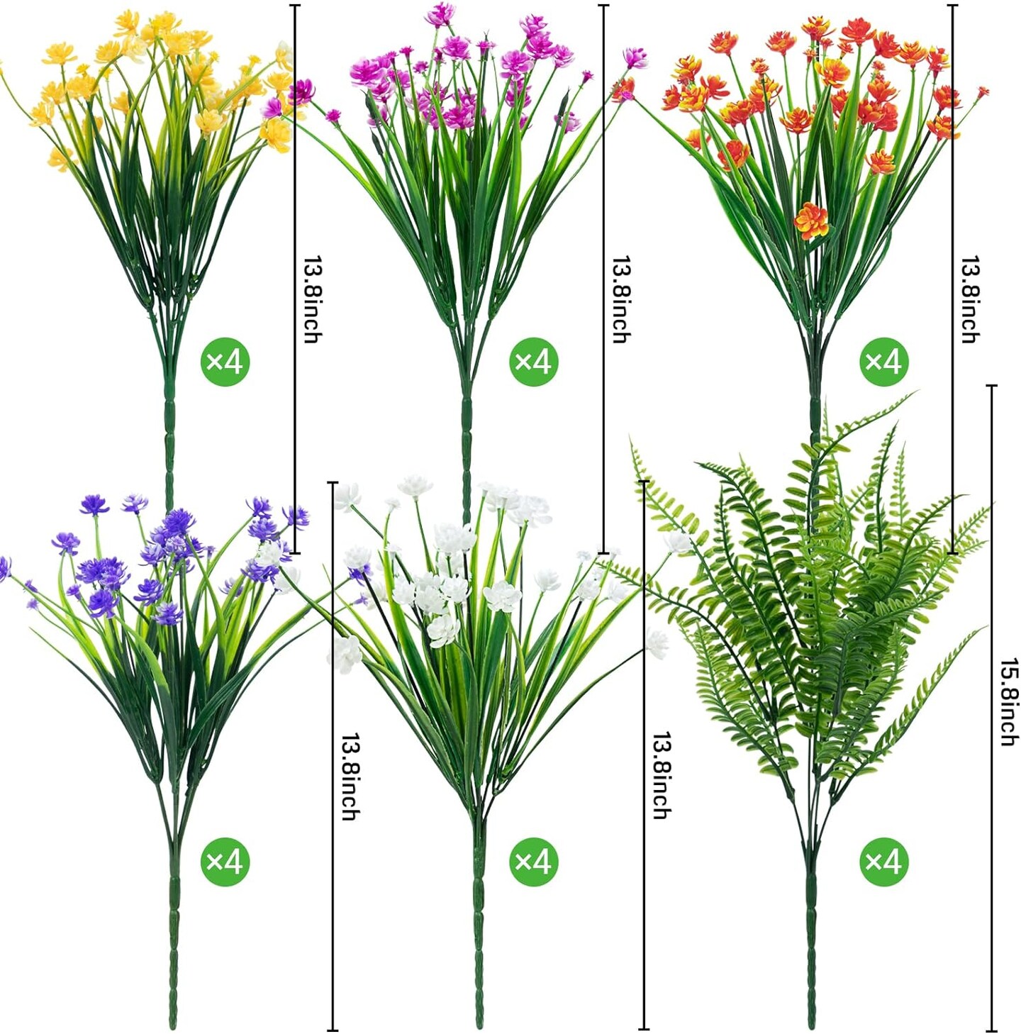 24 Bundles of Artificial Flowers for Outdoor Decoration UV Resistant Fake Plastic Plants Faux Boston Fern Artificial Greenery for Summer Indoor Outdoor Garden Patio Window Box Kitchen Home Decor