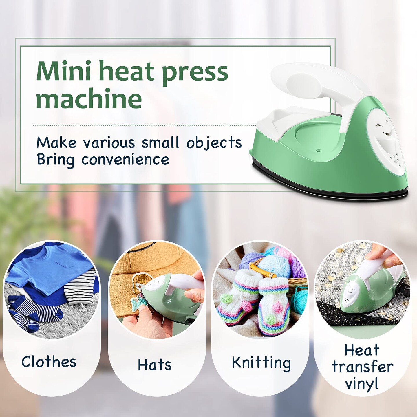 Iron Mini Heat Press Mini Iron Portable Handy Heat Press Small Iron with Charging Base Accessories for Beads Patch Clothes DIY Shoes T-Shirts Heat Transfer Vinyl Projects (Green)