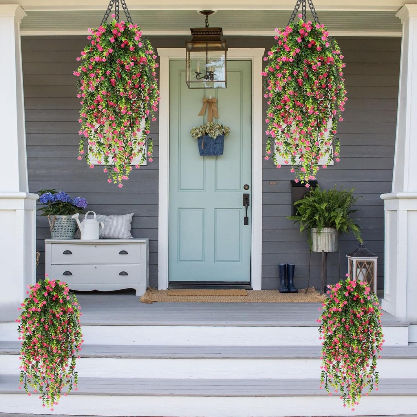 4pcs Artificial Flowers for Outdoors Plants Fake Plants UV Resistant Faux Plastic Daffodils Flower Greenery Boxwood for Spring Planters Outdoor Front Porch Garden Porch Patio Decoration (Pink).