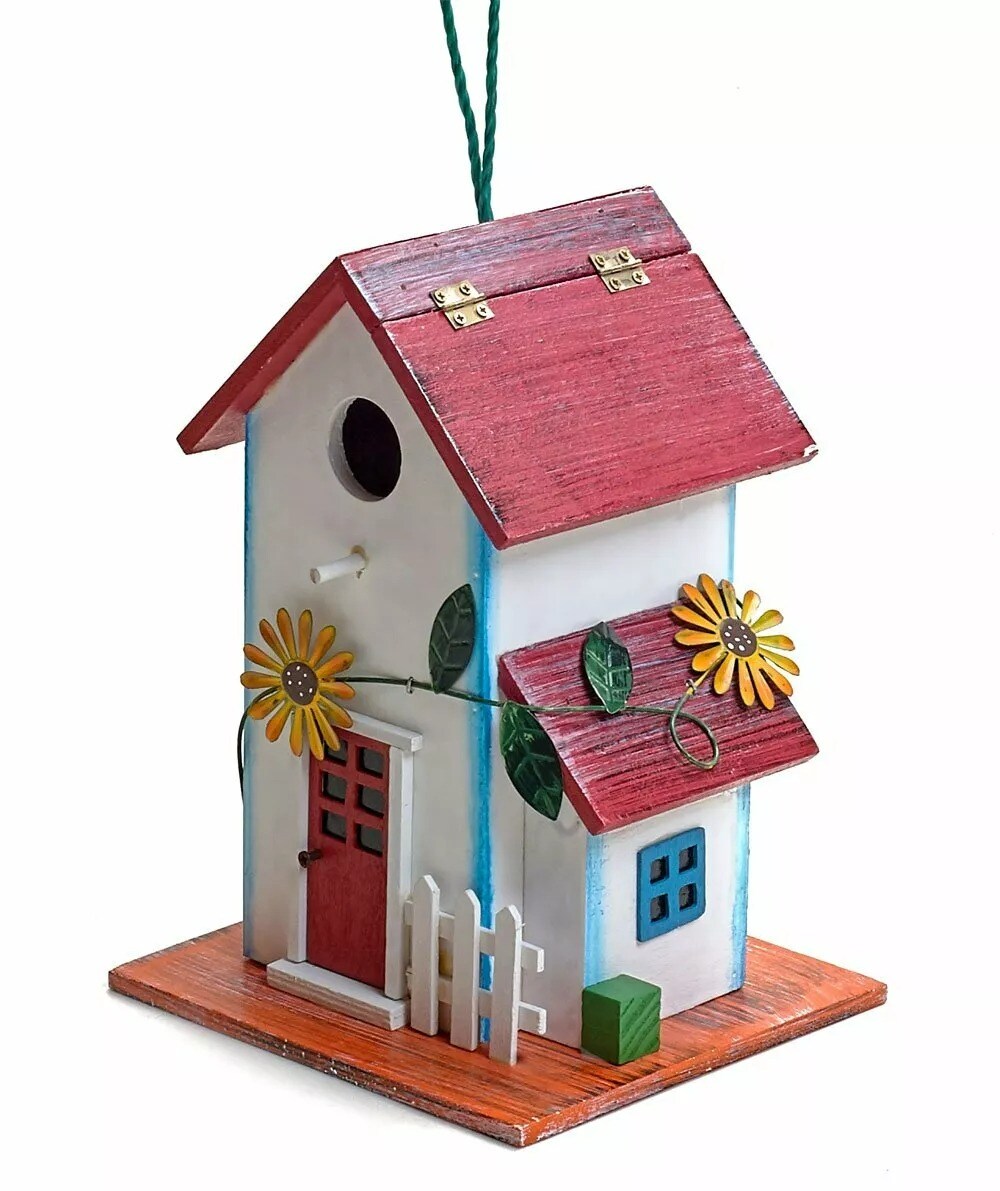 Hand-painted Wooden Birdhouse with Flowers Outdoor Garden Decor