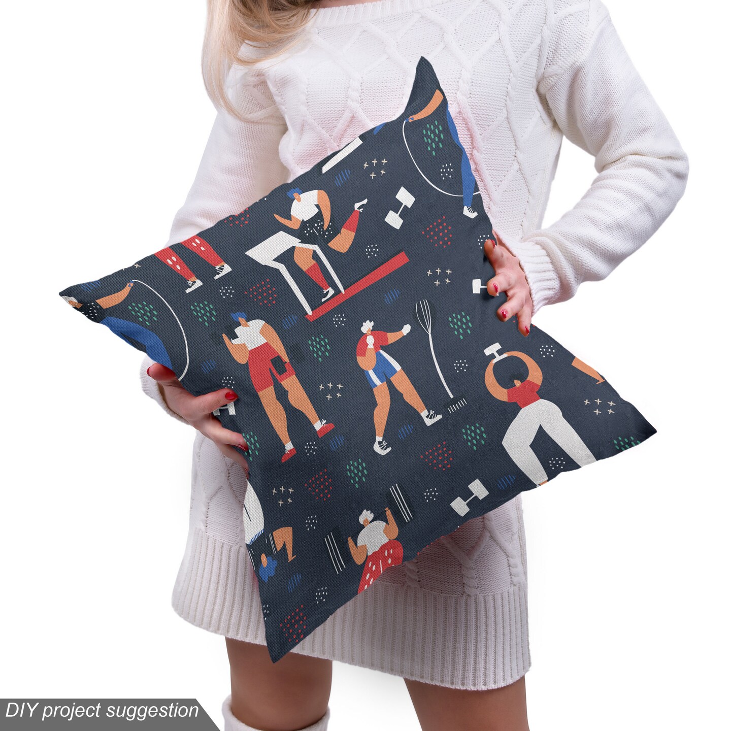 Ambesonne Sports Fabric by the Yard, Fitness Modern Funny Sportive Characters Boxing Weight Lifting Cardio, Decorative Fabric for Upholstery and Home Accents, Dark Blue Grey Multicolor