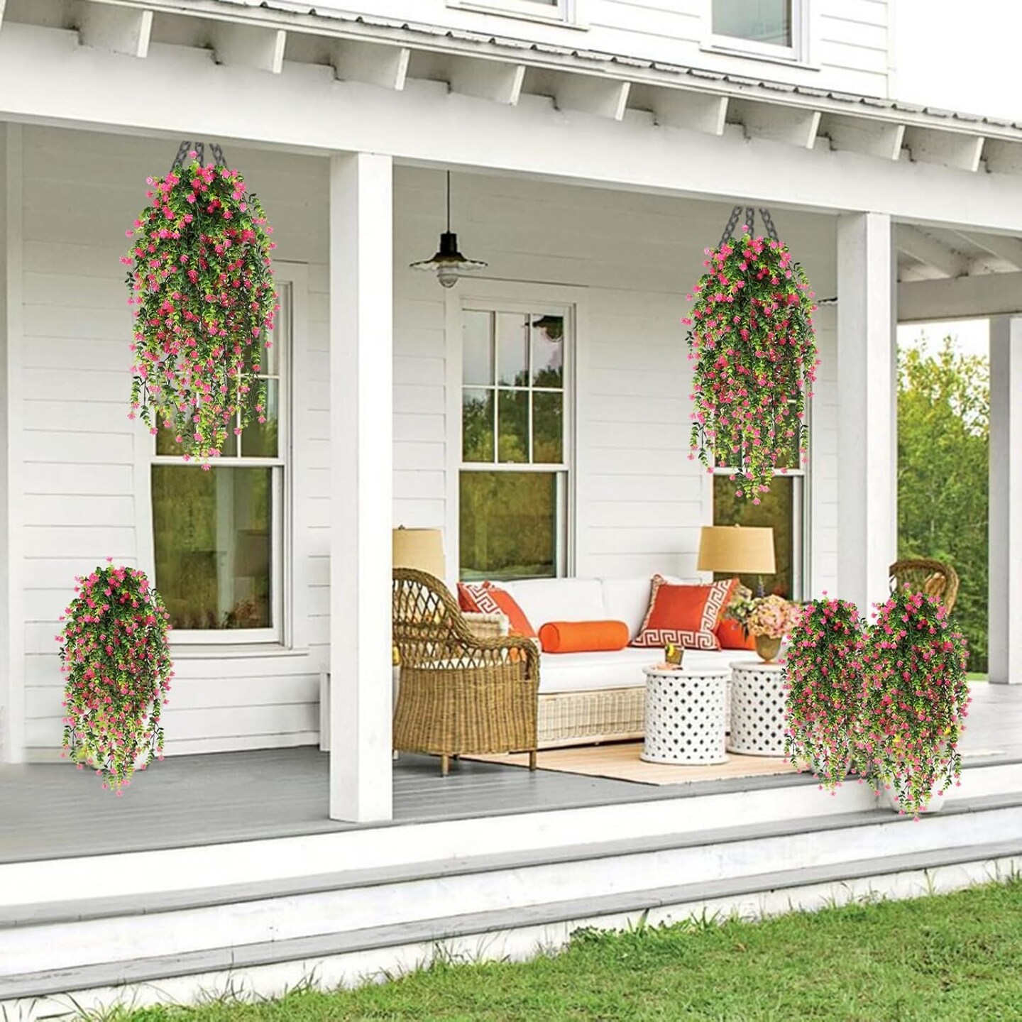 4pcs Artificial Flowers for Outdoors Plants Fake Plants UV Resistant Faux Plastic Daffodils Flower Greenery Boxwood for Spring Planters Outdoor Front Porch Garden Porch Patio Decoration (Pink).