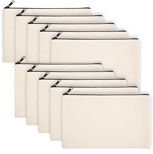 10 Pieces Blank DIY Craft Case Blank Makeup Bags- Beige Canvas Pencil Pouch Bulk Cosmetic Bag Multi-Purpose Travel Toiletry Zipper Bags (8.3 &#xD7; 5 Inch)