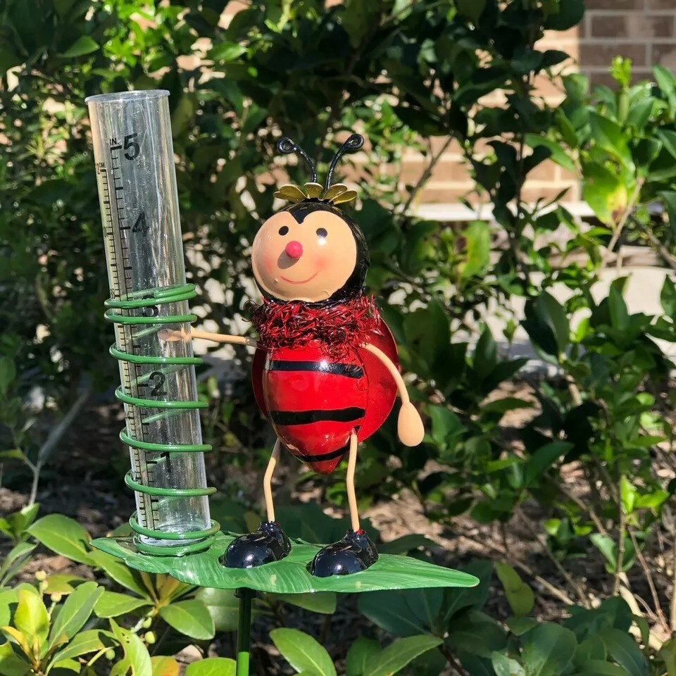 Rain Gauge Garden Metal Stake Ladybug Decorative Outdoor Yard Decor