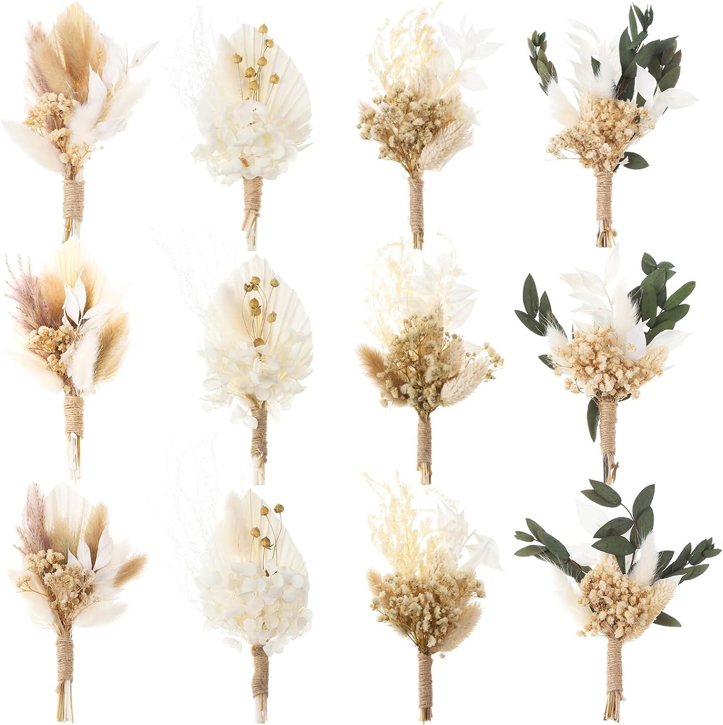 12 Mini Boho Dried Flower Bouquets for Wedding Decor and Crafts
