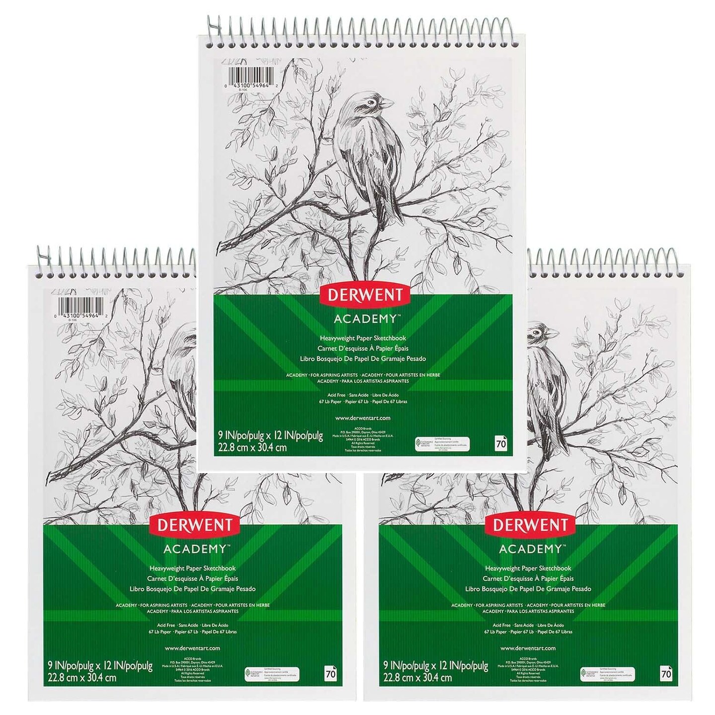 Derwent Academy&#x2122; Wirebound Sketchbook, 9&#x22; x 12&#x22;, 70 Sheets, Pack of 3