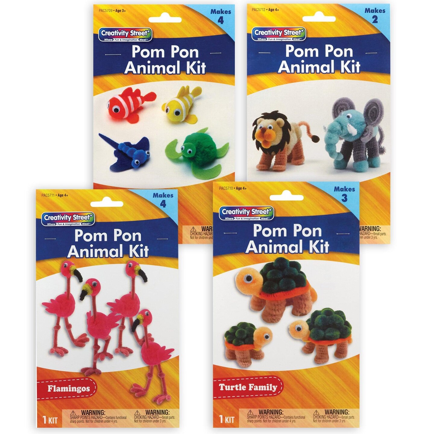 Pom Pon Animal Craft Kits, Ocean, Turtle, Flamingos, Lion &#x26; Elephant, 4 Kits