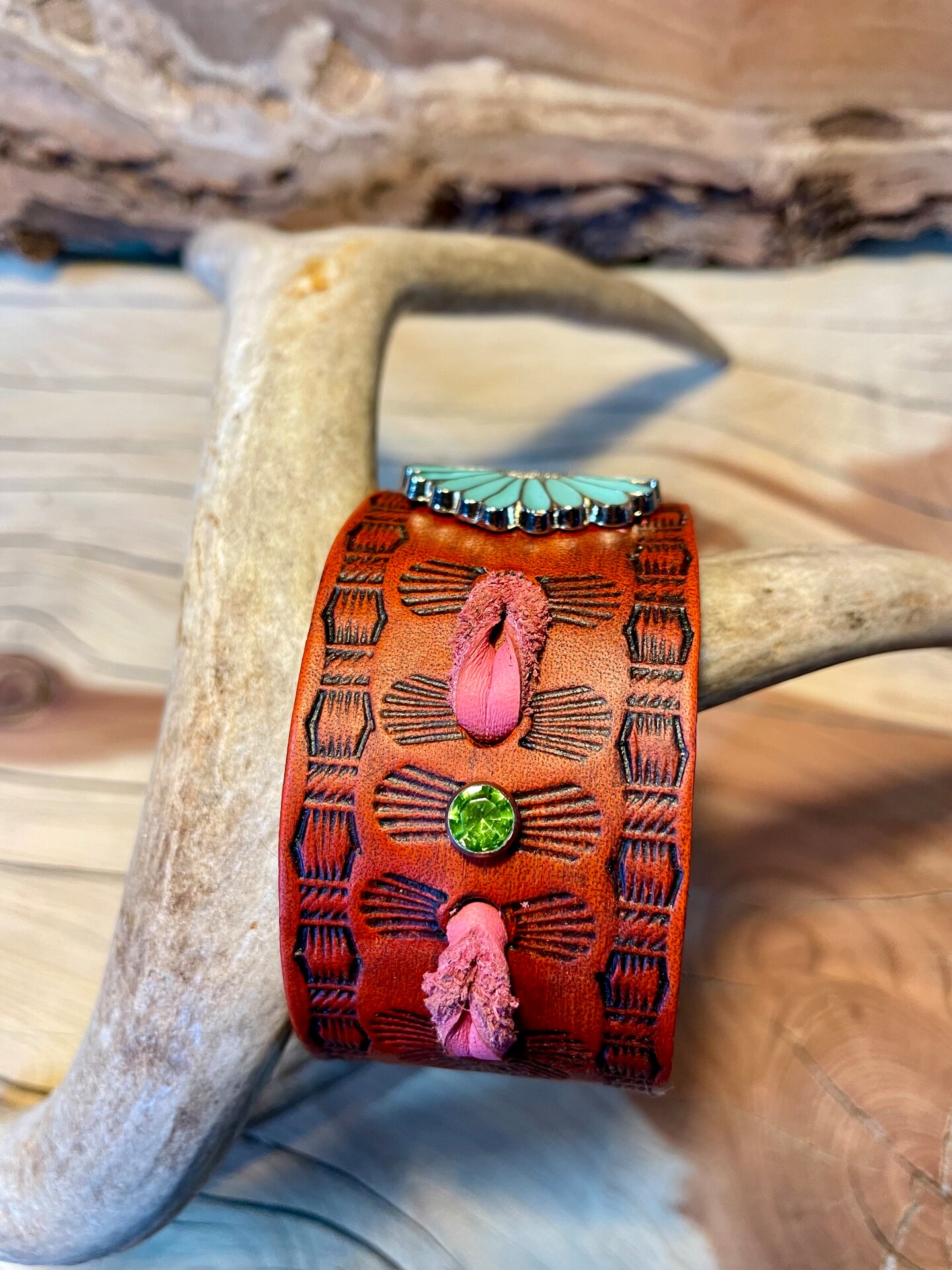 Brown Leather cuff bracelet, western tooled gift for women