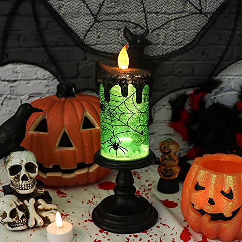 Eldnacele Halloween Snow Globe Candles Lighted Lamp, Battery Operated Spooky Spinning Water Glittering Tornado Candles Flameless Candles Table Centerpiece for Halloween Celebration Parties(Spider)