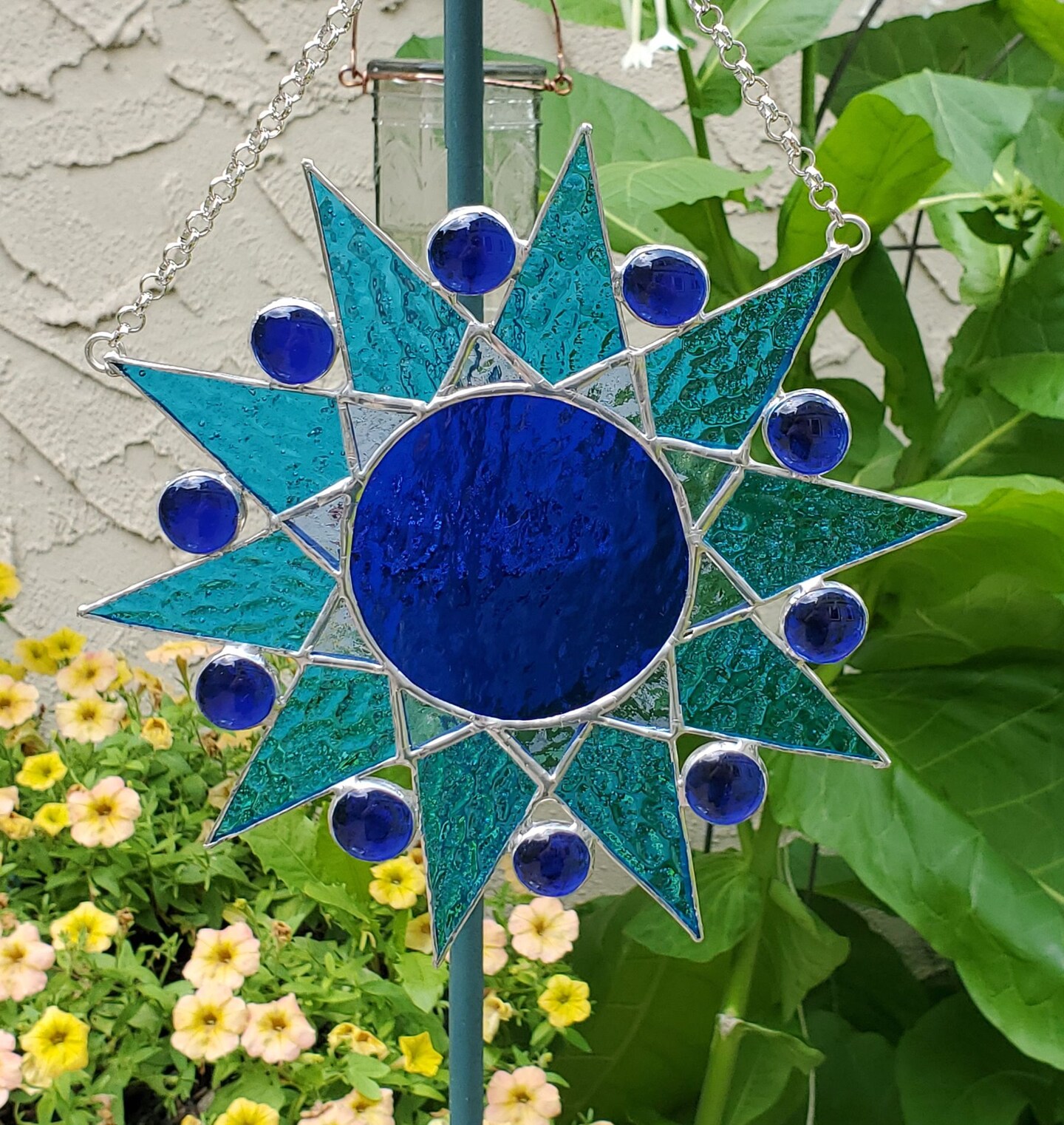 Circular Star Stained Glass Suncatcher in Blue, Sunburst  Round Stained Blue Glass Botanical Suncatcher 13” main image 0