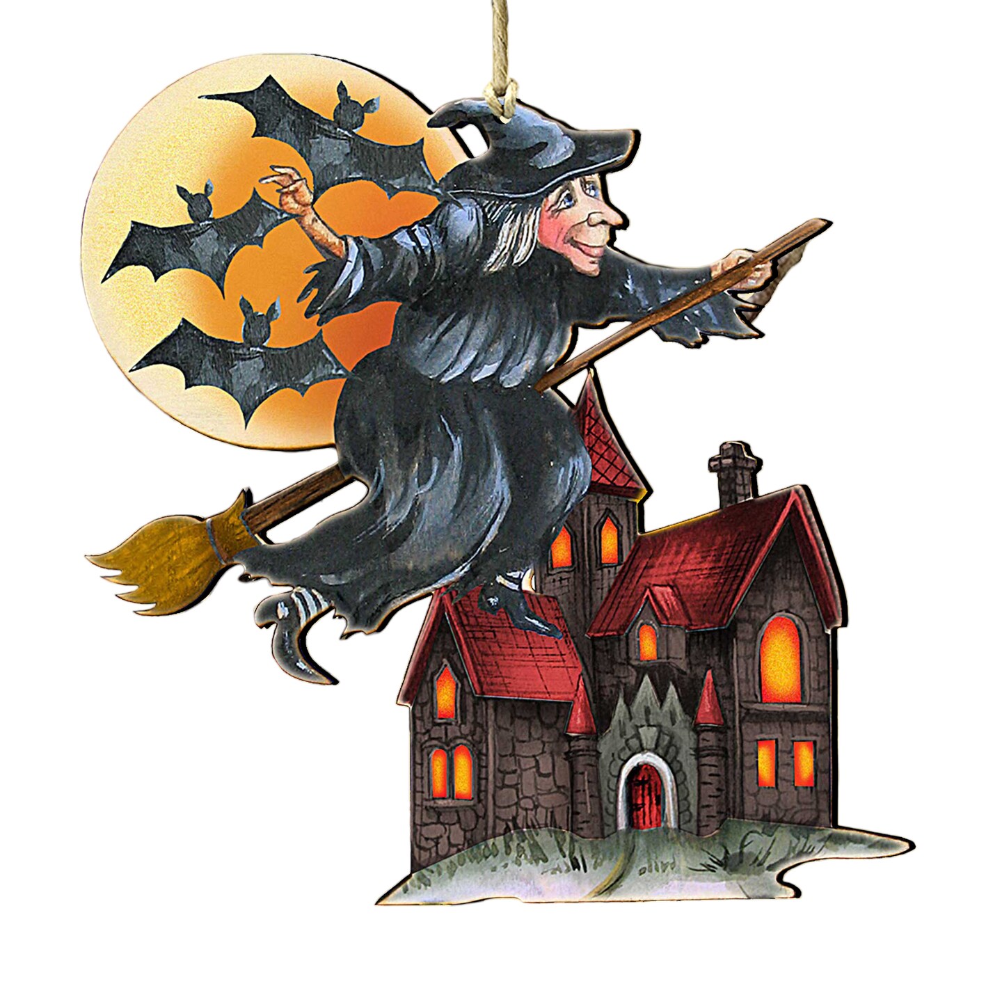 Designocracy Set of 2 Bats and Witch Wooden Halloween Ornaments 5.5&#x22;