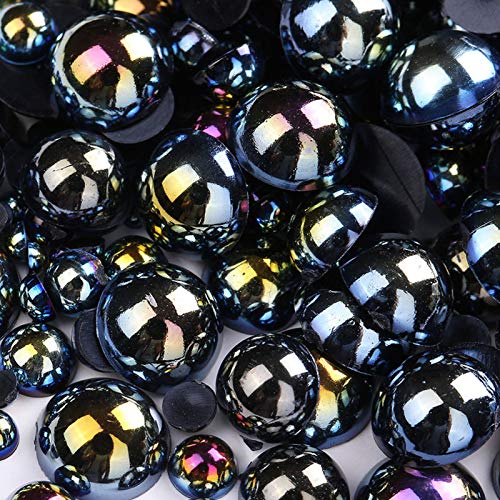 1000 Pieces Flatback Half Pearls, Mixed Size 4/6/8/10/12/14mm Flat Back Round Half Pearls Beads for Crafts Jewelry, Loose Beads Gem (Jet Black AB)