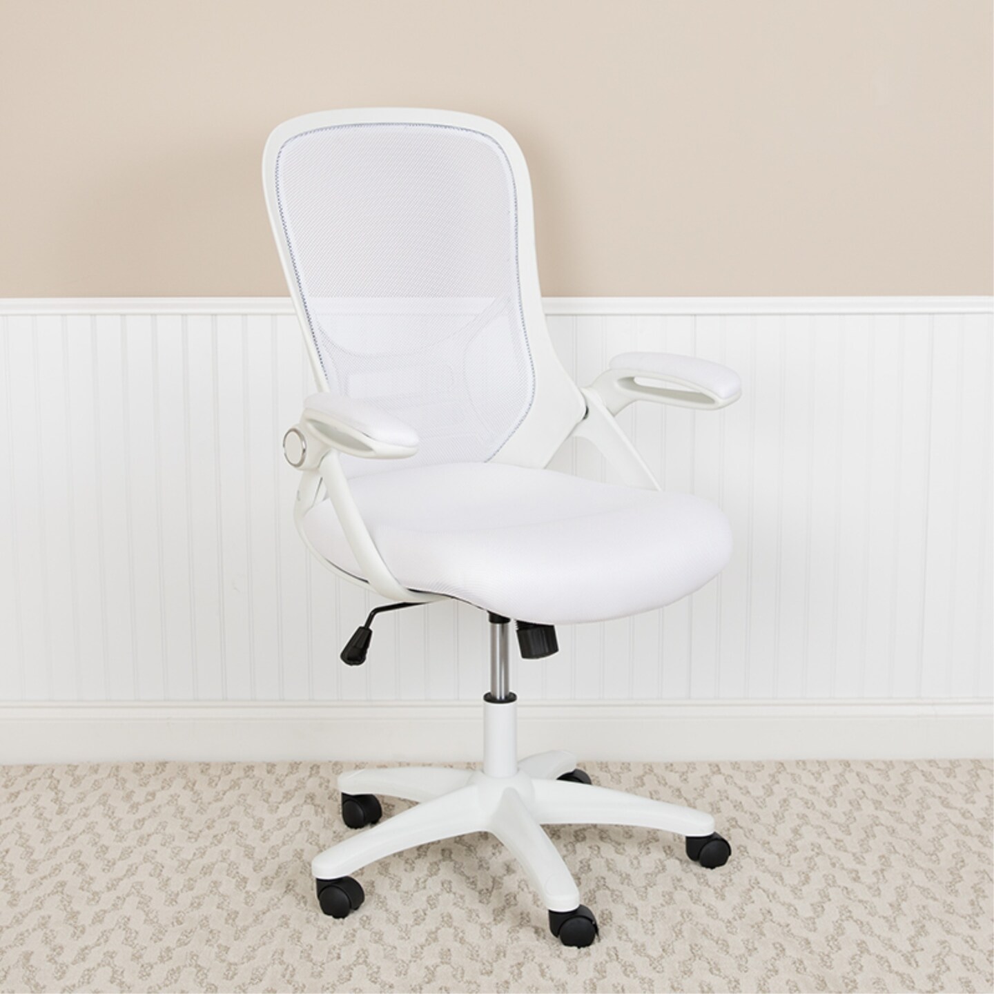 White office chair online with flip up arms