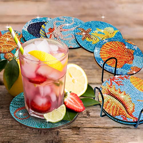 Diamond Painting Coasters - 8 PCS 5D Ocean Art Kits for Adults and Kids, Sea-Themed Coasters with Holder, Perfect for Beach House Decor