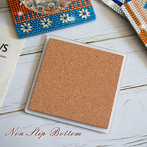 6 Pcs Diamond Painting Coasters with Holder - DIY Boho Coasters, Small Diamond Painting Kits for Beginners, Adults, and Kids, Diamond Art Craft Supplies