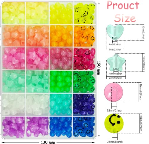 612Pcs Candy Color Acrylic UV Beads Glow in The Dark Beads Happy Face Bead Heart Beads Star Beads Color Changing Sun UV Reactive Plastic Solar Hair Beads Bulk for Bracelet Necklace Jewelry Making