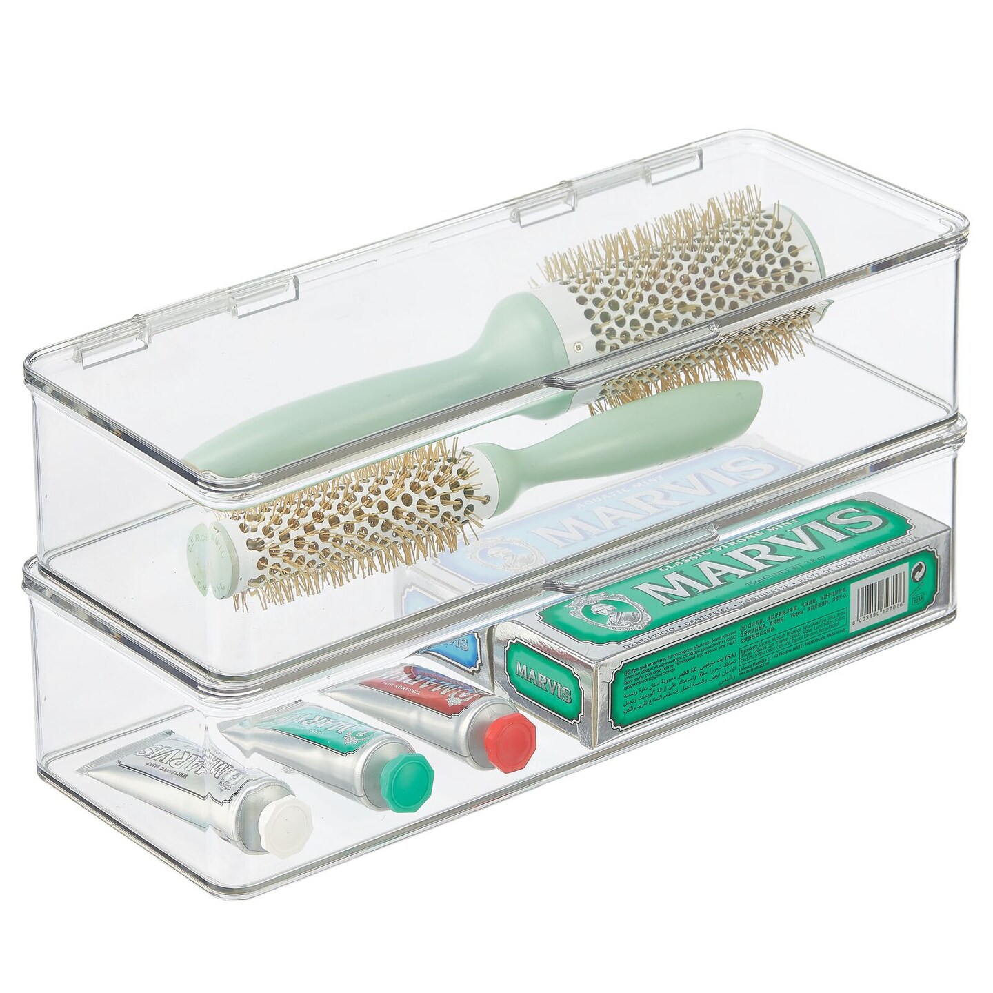mDesign Plastic 3-Compartment Bathroom Organizer Bin/Makeup Caddy, 2 Pack