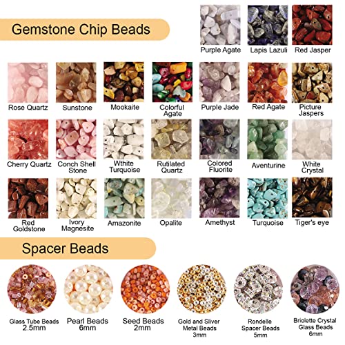  Crystal Beads for Jewelry Making, 2800PCS Natural Crystal Bead  Gemstone Chip Beads for Earring Ring Making Kit with Spacer Beads Earring  Hooks Pendants Charms Wire String for DIY Bracelets Beading Kit 