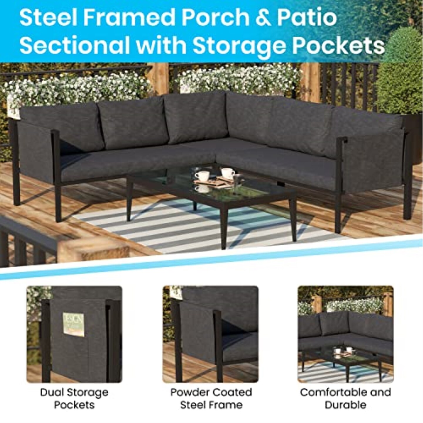 Indoor/Outdoor Sectional with Cushions - Modern Steel Framed Chair with Dual Storage Pockets, Black with Charcoal Cushions