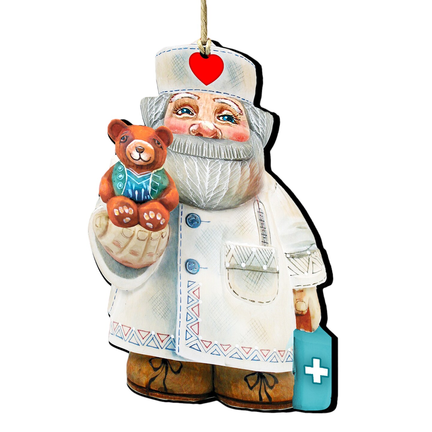 Designocracy Set of 2 Doctor Santa and Teddy Bear Wooden Christmas Ornaments 5.5&#x22;