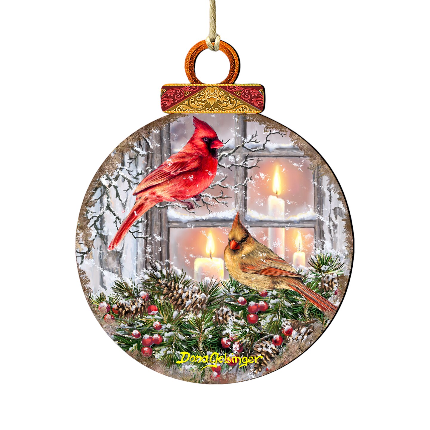 Designocracy Set of 2 Winter House with Cardinals Round Wooden Christmas Ornaments 5.5&#x22;