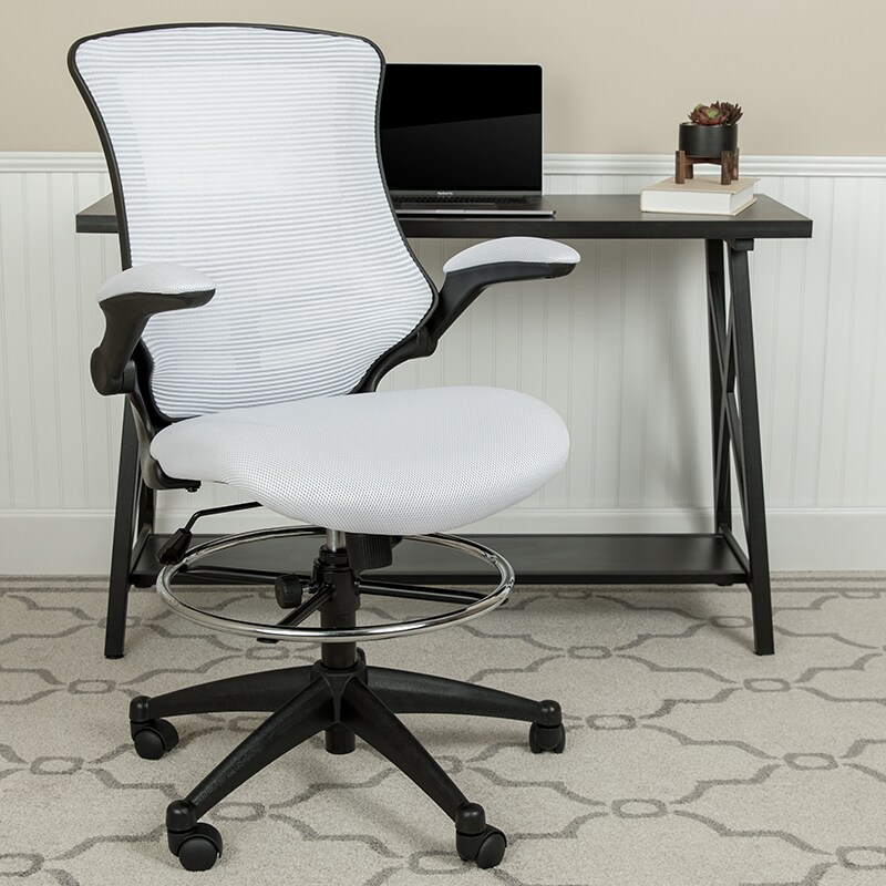 Mid-Back White Mesh Ergonomic Drafting Chair with Adjustable Foot Ring and Flip-Up Arms